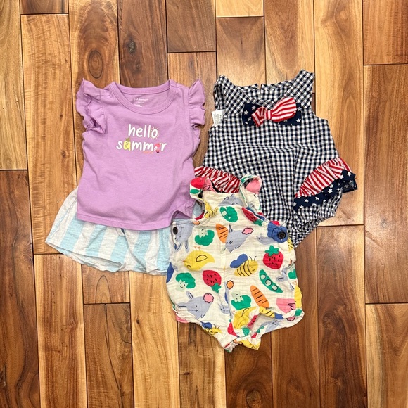 Summer Baby Clothing Set with Purple Top and Patterned Rompers - Picture 1 of 2